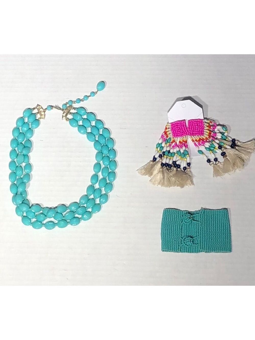 Beaded Turquoise Choker Necklace Cuff Bracelet Earring Set